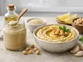 Pyszny hummus z ciecierzycy i tahini, podany z cytryną, czosnkiem i oliwą. Tahini co to? To pasta sezamowa, kluczowy składnik tej bliskowschodniej pasty.