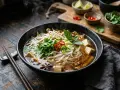 Parująca miska pho z tofu, kiełkami, kolendrą i chili. Aromatyczny bulion i makaron ryżowy zachęcają do spróbowania.