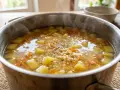 Gorąca zupa na rosole, parująca z garnka, z ziemniakami, marchewką i drobnym makaronem. Idealna na chłodny dzień.