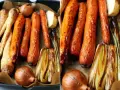 Pieczone warzywa: marchewki, pasternak, cebula i por, gotowe do przygotowania aromatycznego rosół z pieczonych warzyw.