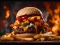 Soczysty burger z frytkami i serem, polany ketchupem i sosem amerykańskim. Gorący, parujący przysmak.