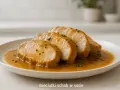 Cztery plastry mięciutkiego schabu w aromatycznym sosie, posypane szczypiorkiem, na białym talerzu.