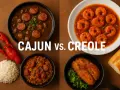 Cajun vs. Creole: miseczka gęstego gumbo z kiełbasą, krewetki w sosie, ryż i smażona ryba.