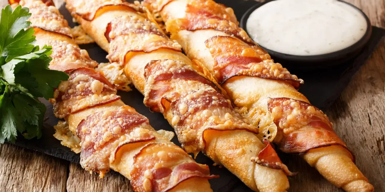 Szybki przepis na ciasto do pizzy: chrupiące paluchy z boczkiem i serem, podane z sosem. Idealne na przekąskę!