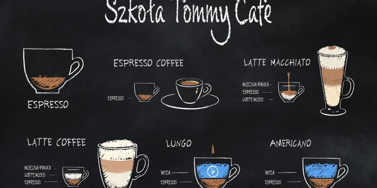 Rysunki przedstawiają różne rodzaje kawy, w tym espresso, latte coffee i latte macchiato. Idealne na poranną kawę z mlekiem.