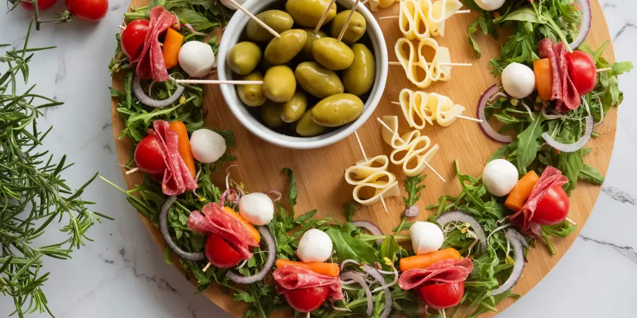Kolorowe przekąski na desce: szaszłyki z pomidorkami, mozzarellą, salami i rukolą, oliwki i serowe zawijasy. Idealne finger food na imprezę.
