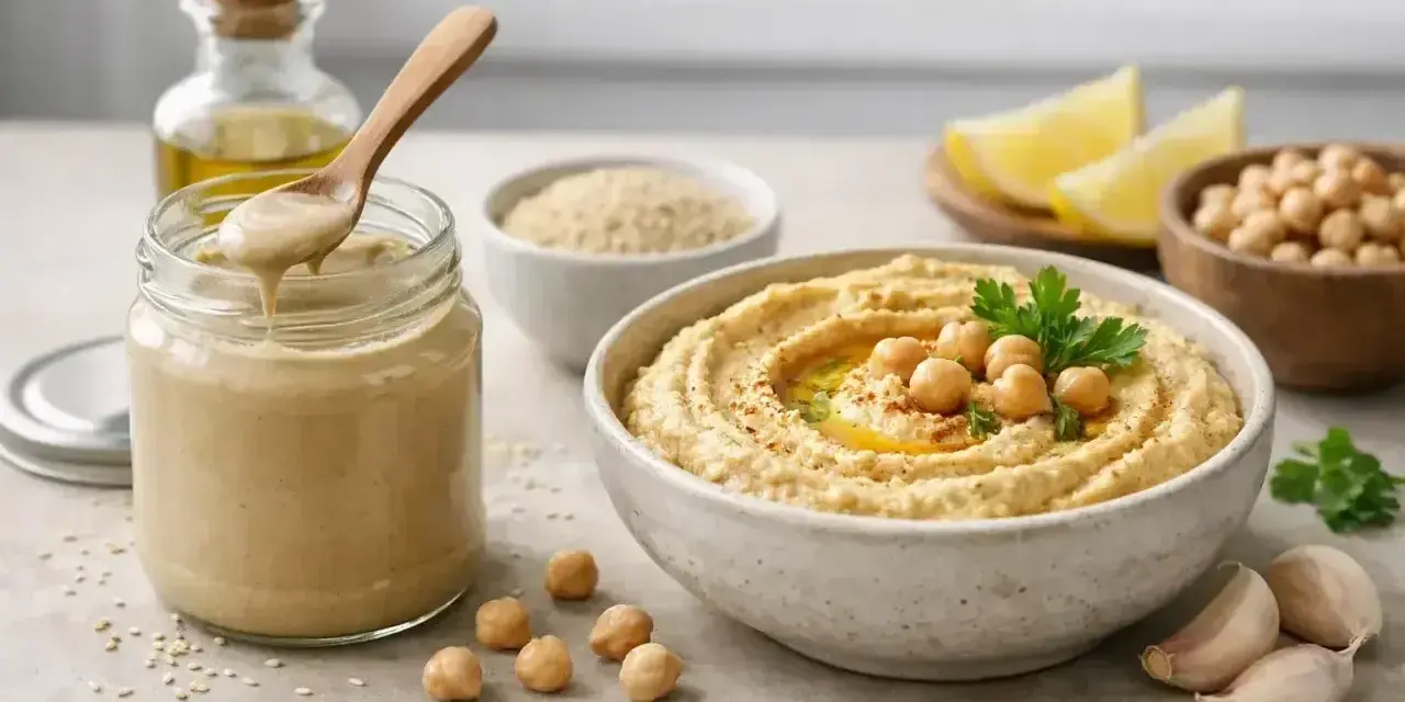 Pyszny hummus z ciecierzycy i tahini, podany z cytryną, czosnkiem i oliwą. Tahini co to? To pasta sezamowa, kluczowy składnik tej bliskowschodniej pasty.