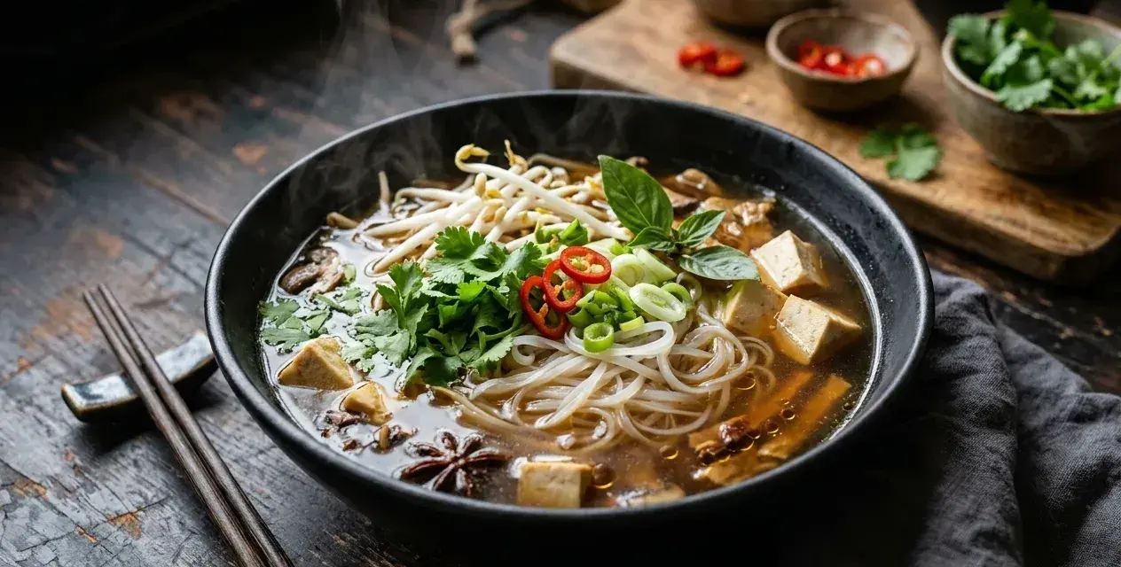 Parująca miska pho z tofu, kiełkami, kolendrą i chili. Aromatyczny bulion i makaron ryżowy zachęcają do spróbowania.