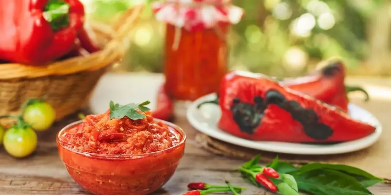 Ajvar co to? Aromatyczna pasta z pieczonej papryki i pomidorów, gotowa do spożycia.