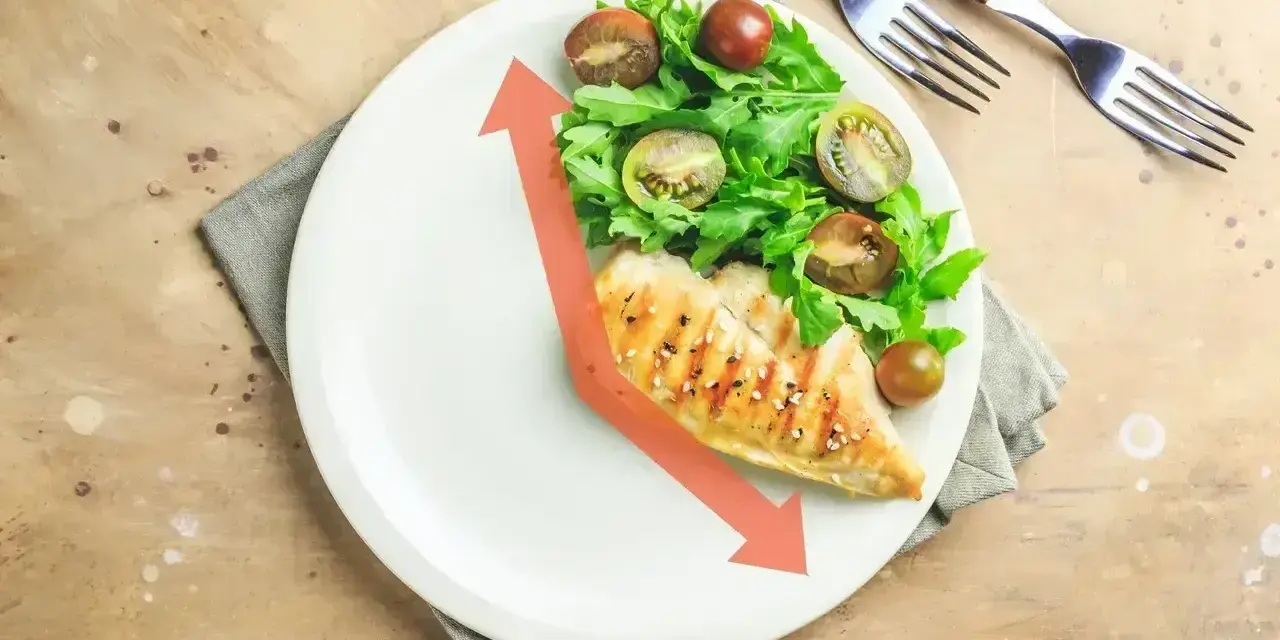 Na talerzu grillowany kurczak z sałatką i pomidorkami. Czerwona strzałka sugeruje, że to jeden z 1000 pomysłów na obiad w 15 minut.