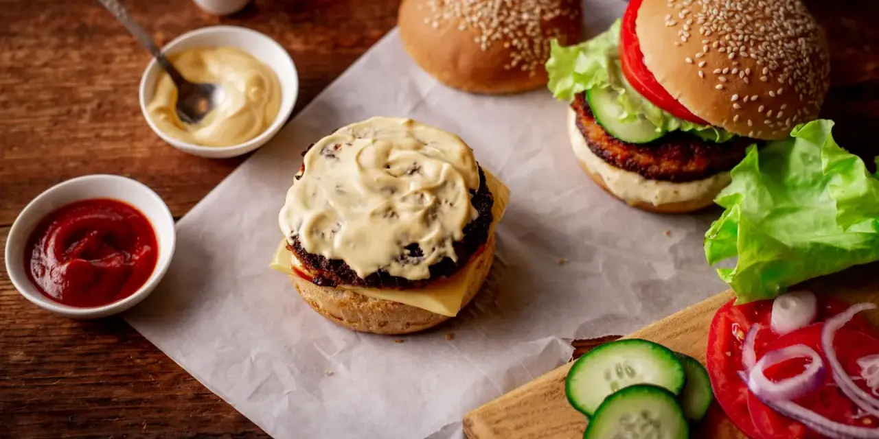 Pyszny sos do burgera, ketchup i majonez czekają na idealne kanapki. Obok świeże warzywa i bułki z sezamem.