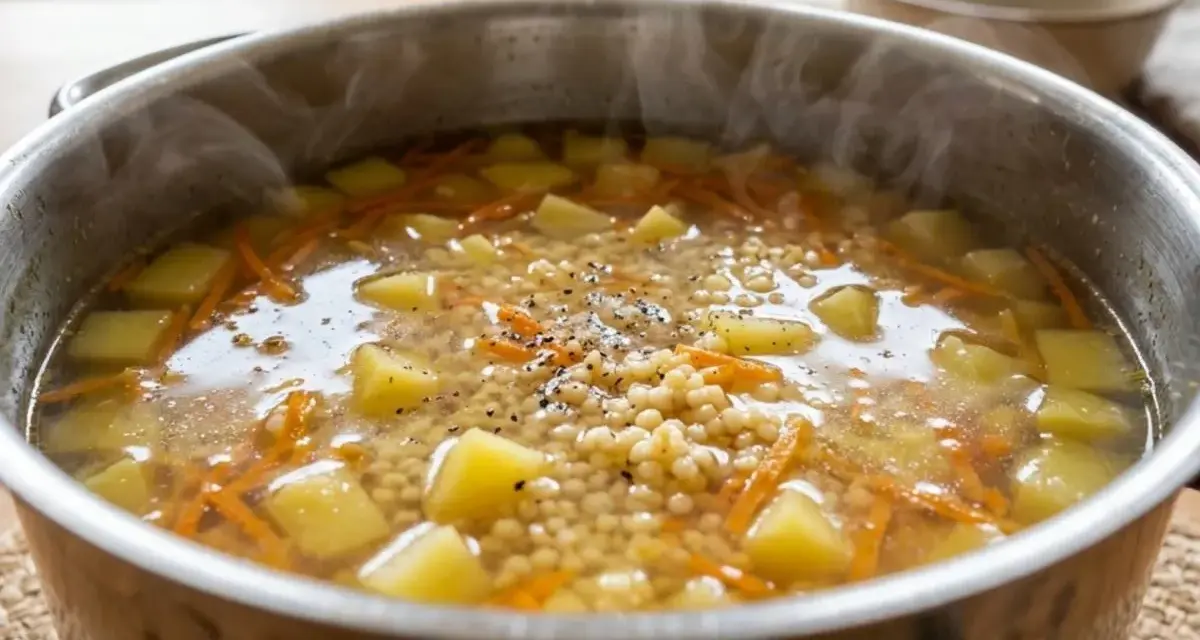 Gorąca zupa na rosole, parująca z garnka, z ziemniakami, marchewką i drobnym makaronem. Idealna na chłodny dzień.