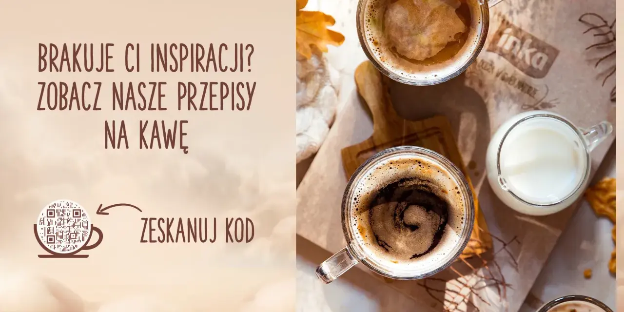 Dwie filiżanki kawy, jedna z mlekiem, na tle opakowania z logo Inka. Brak inspiracji? Zeskanuj kod, by poznać przepisy na kawę.