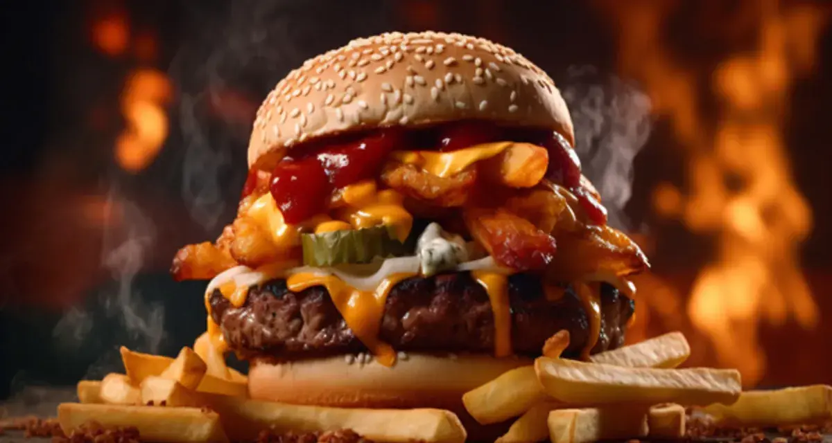 Soczysty burger z frytkami i serem, polany ketchupem i sosem amerykańskim. Gorący, parujący przysmak.
