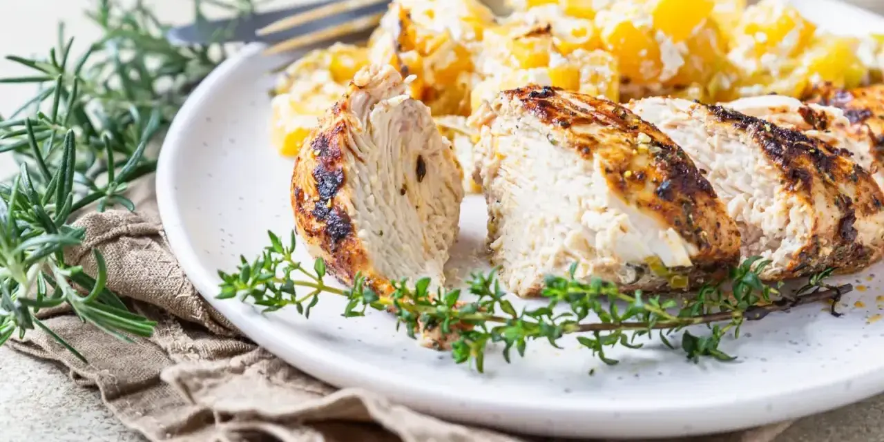 Soczysty indyk z airfryer, pokrojony w plastry, podany z ziemniakami i ziołami.