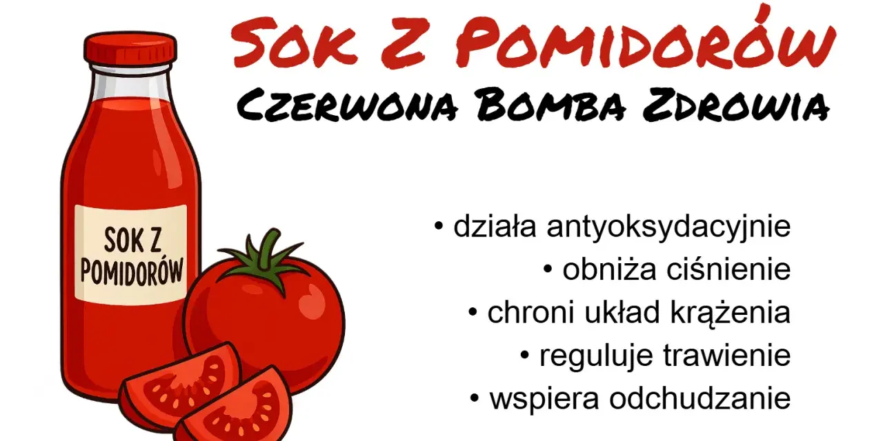 Sok pomidorowy jest zdrowy! Działa antyoksydacyjnie, obniża ciśnienie, chroni serce, reguluje trawienie i wspiera odchudzanie.
