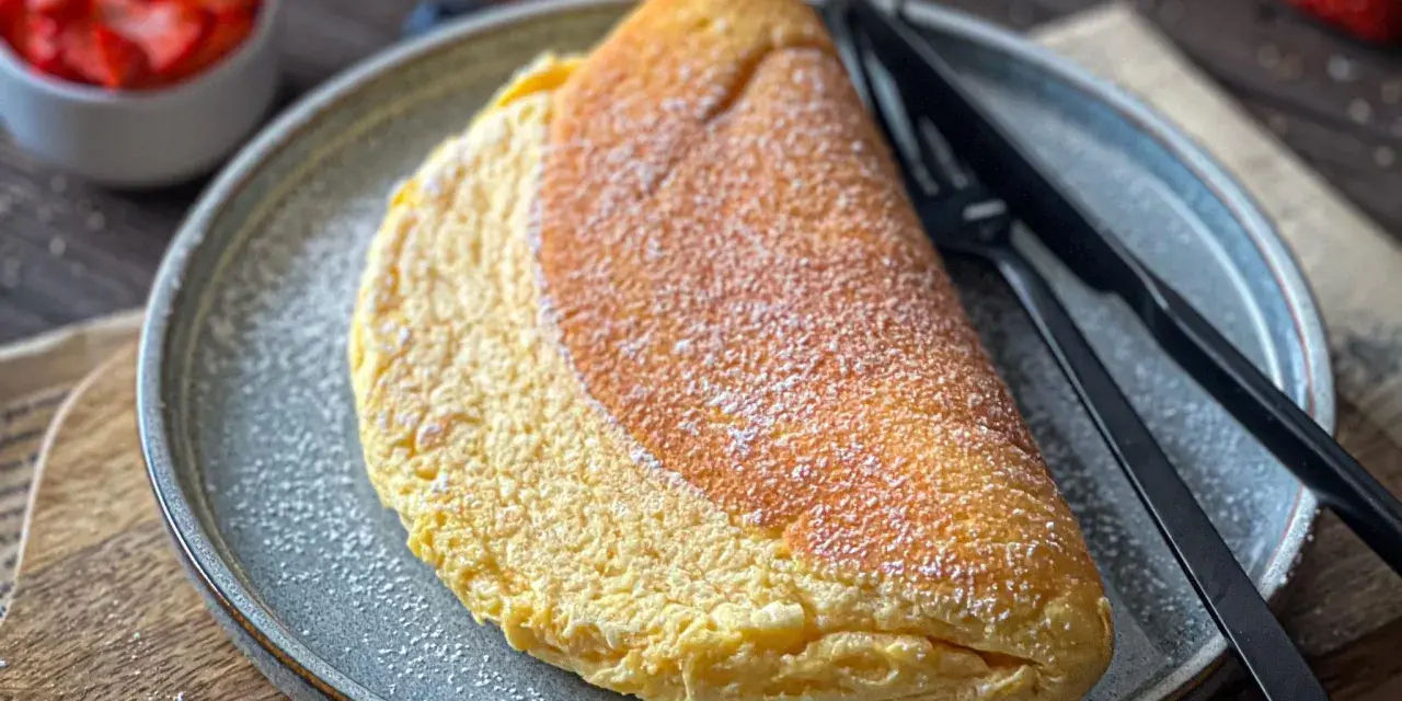 Puszysty omlet, idealny na śniadanie. Ten przepis na puszysty omlet zachwyci każdego. Podany z cukrem pudrem i truskawkami.