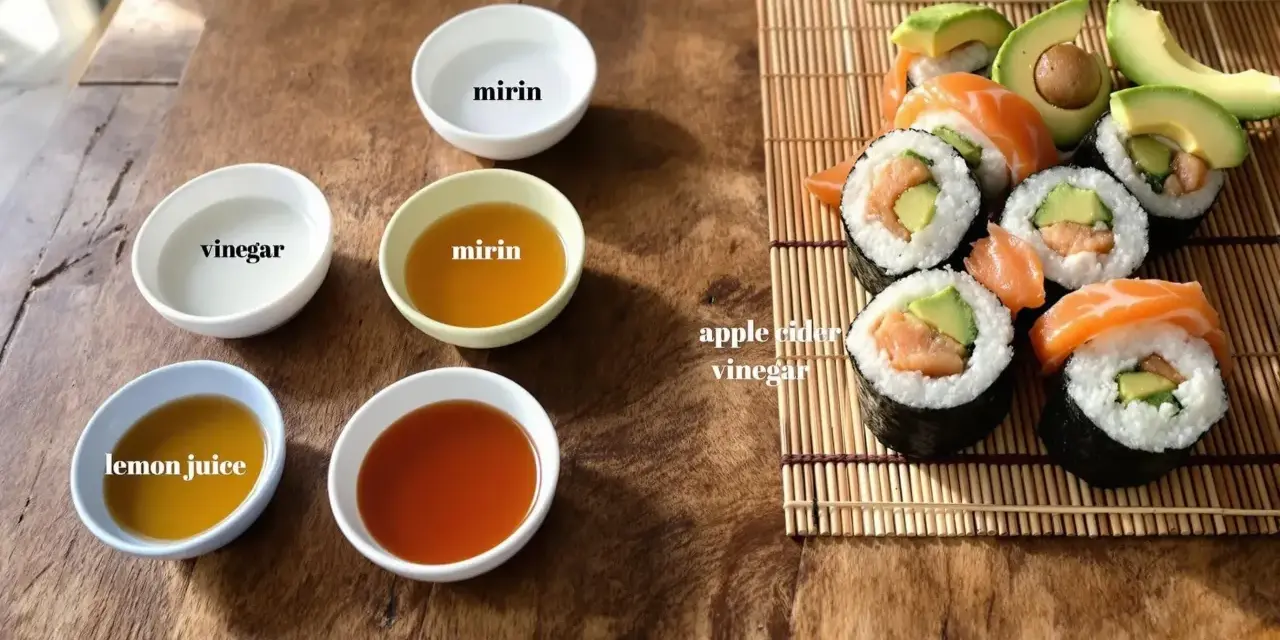 Zastanawiasz się, czym zastąpić ocet ryżowy? Na stole widzisz miseczki z octem, mirinem, sokiem z cytryny i sosami, a obok sushi.