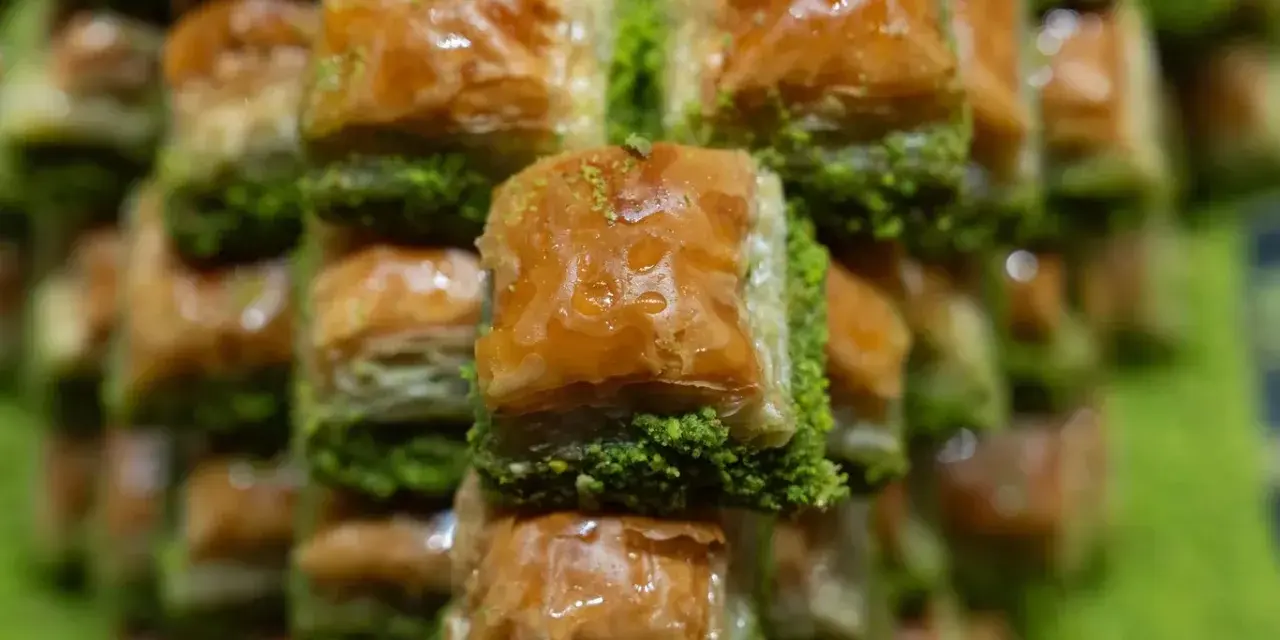 Słodka baklava, co to za przysmak? Warstwy ciasta filo, orzechów i syropu, posypane zielonymi pistacjami.