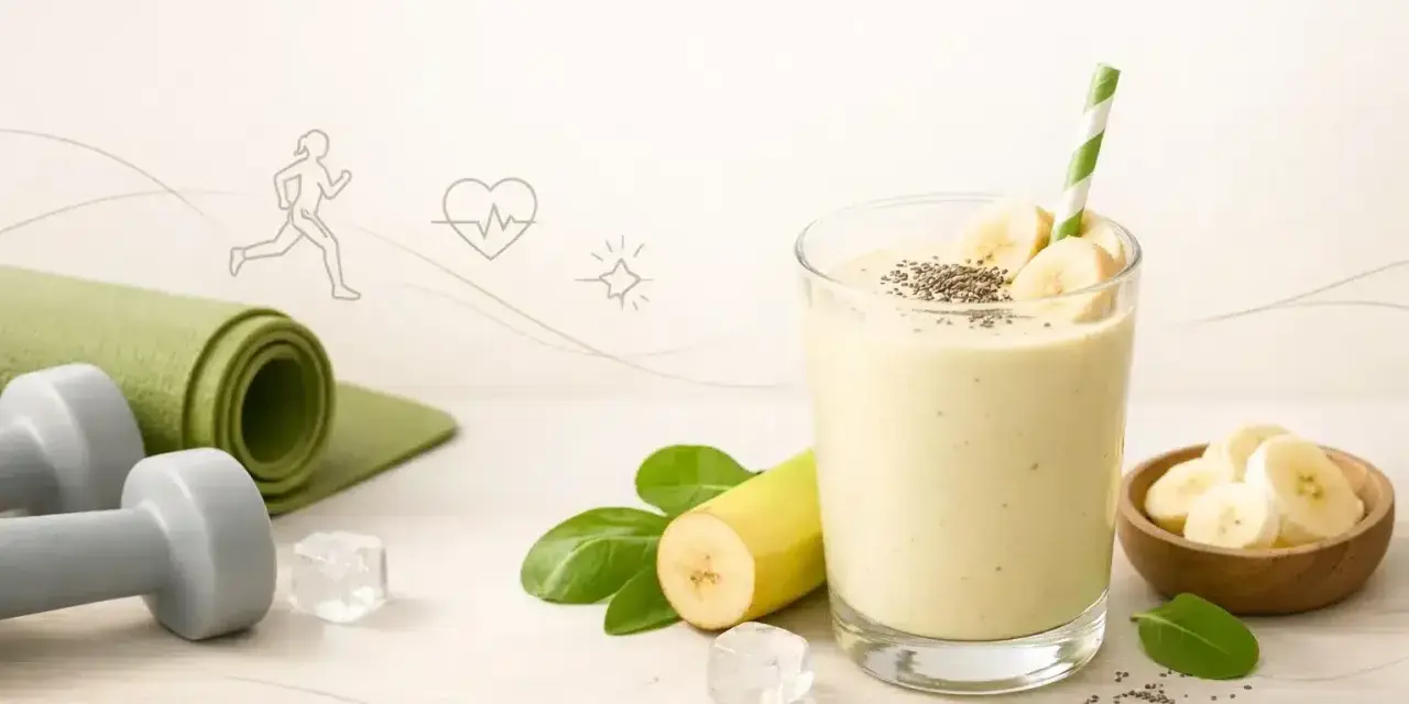 Zdrowy koktajl bananowy z nasionami chia, idealny po treningu. Obok leżą hantle i mata do ćwiczeń.