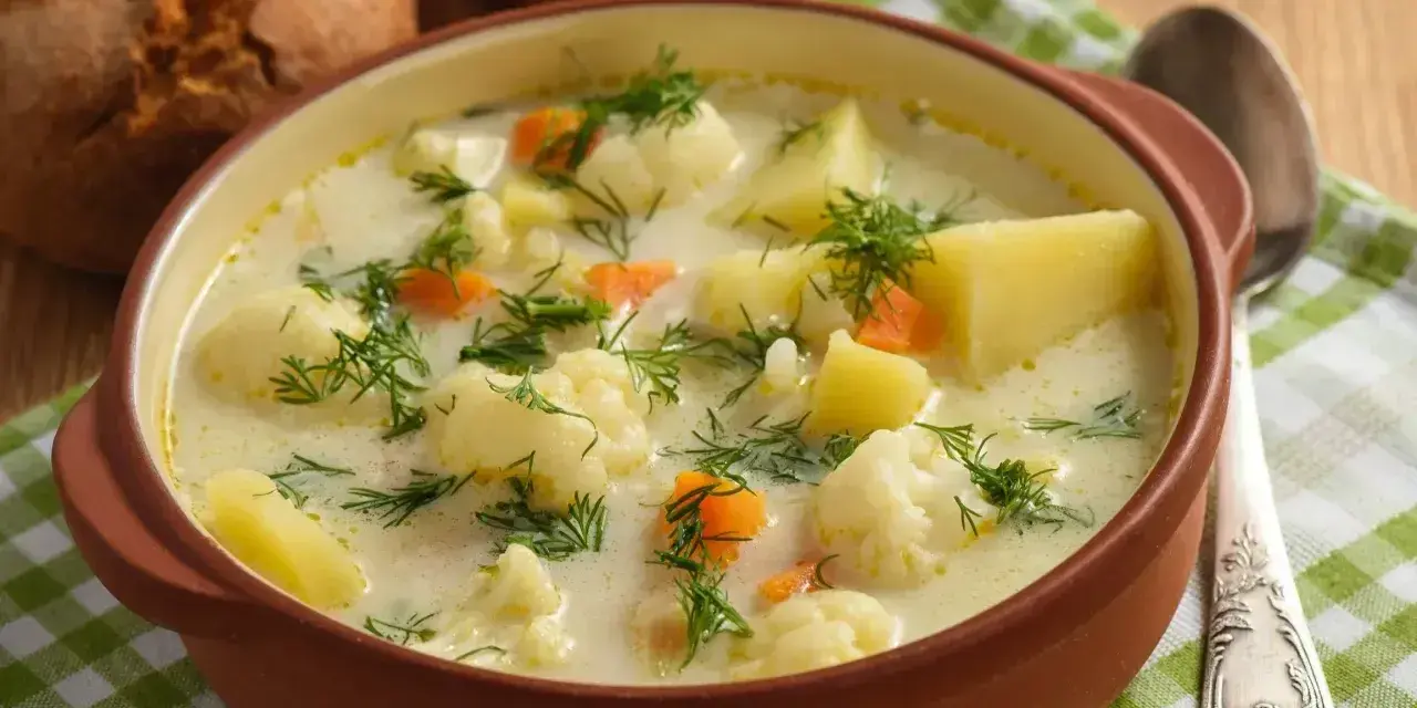 Aksamitna zupa kalafiorowa jak u babci, pełna ziemniaków, marchewki i koperku. Idealna na chłodne dni.