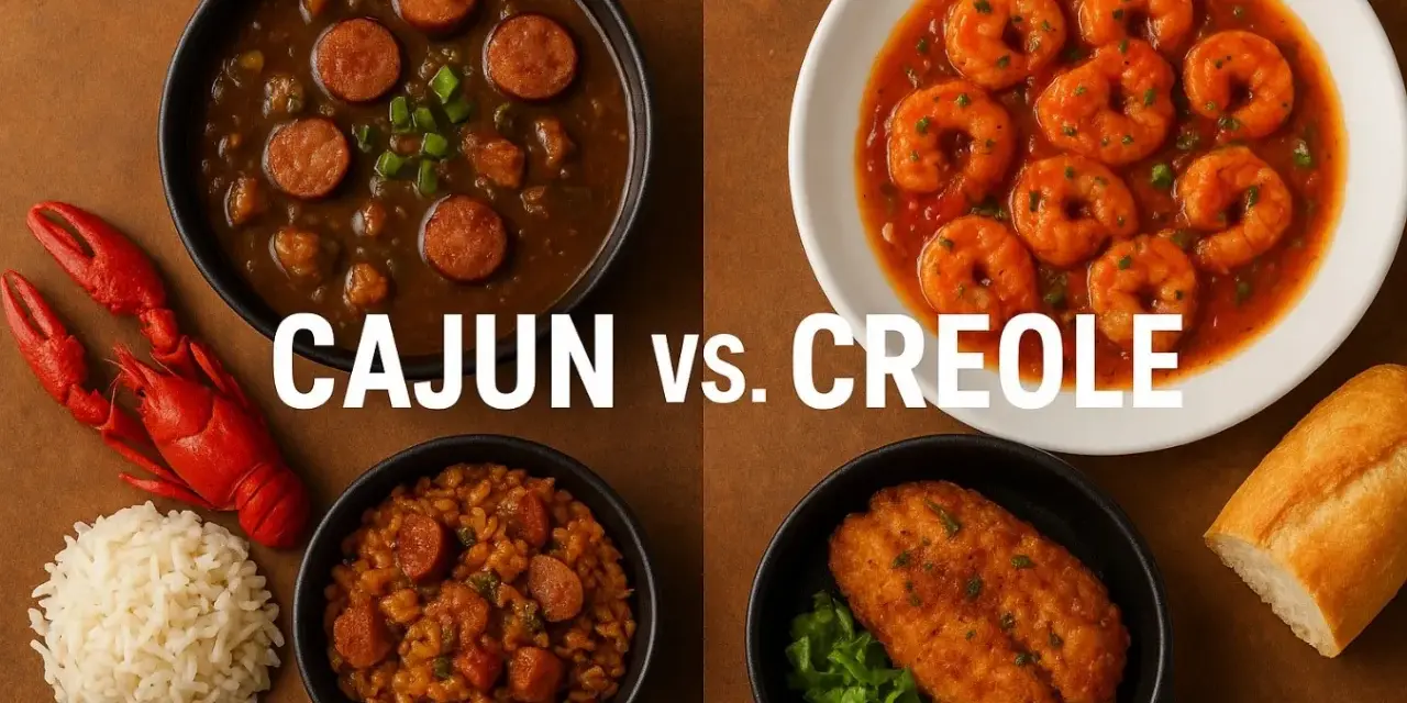 Cajun vs. Creole: miseczka gęstego gumbo z kiełbasą, krewetki w sosie, ryż i smażona ryba.