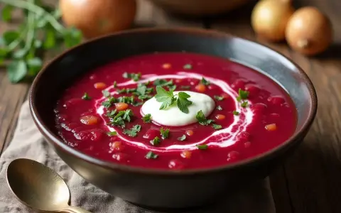 Aksamitna zupa buraczkowa z kleksem śmietany i posiekaną natką pietruszki, podana w misce na drewnianym stole.