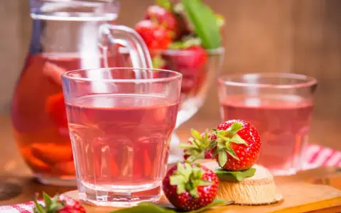 Orzeźwiający kompot z truskawek w szklance i dzbanku, obok świeże owoce.