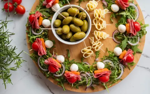 Kolorowe przekąski na desce: szaszłyki z pomidorkami, mozzarellą, salami i rukolą, oliwki i serowe zawijasy. Idealne finger food na imprezę.