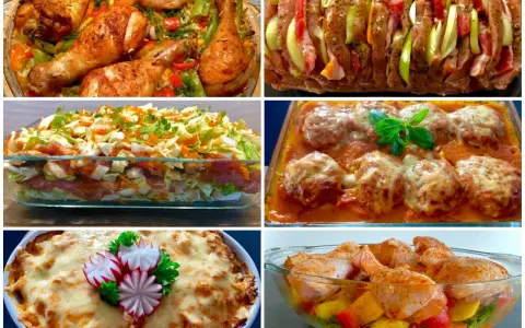 Szybka kolacja dla gości z piekarnika: pieczony kurczak, zapiekanka warzywna, klopsiki w sosie i mięso faszerowane warzywami.