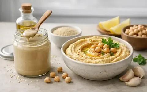 Pyszny hummus z ciecierzycy i tahini, podany z cytryną, czosnkiem i oliwą. Tahini co to? To pasta sezamowa, kluczowy składnik tej bliskowschodniej pasty.