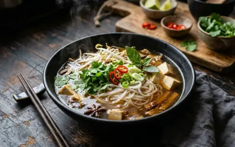 Parująca miska pho z tofu, kiełkami, kolendrą i chili. Aromatyczny bulion i makaron ryżowy zachęcają do spróbowania.
