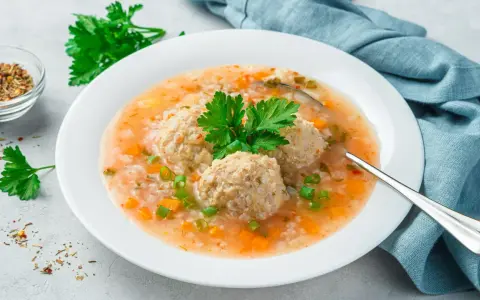Szybka zupa na obiad z klopsikami, ryżem i warzywami, udekorowana natką pietruszki.