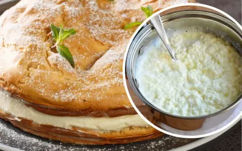Jak uratować zwarzony krem z mascarpone? Na zdjęciu ciasto z kremem i garnek z masą, która może wymagać poprawy.