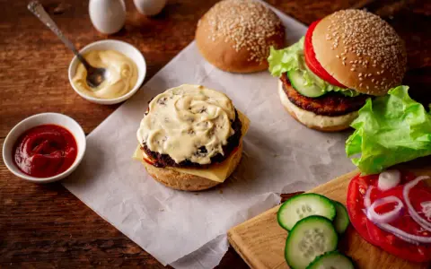 Pyszny sos do burgera, ketchup i majonez czekają na idealne kanapki. Obok świeże warzywa i bułki z sezamem.