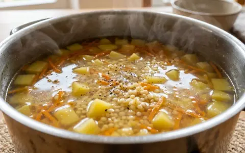 Gorąca zupa na rosole, parująca z garnka, z ziemniakami, marchewką i drobnym makaronem. Idealna na chłodny dzień.