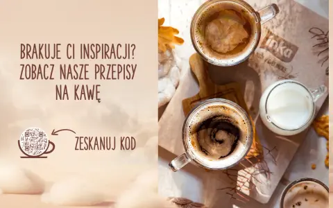 Dwie filiżanki kawy, jedna z mlekiem, na tle opakowania z logo Inka. Brak inspiracji? Zeskanuj kod, by poznać przepisy na kawę.