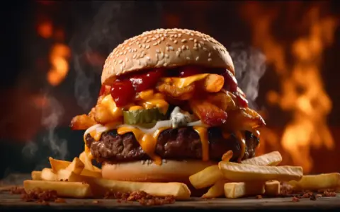 Soczysty burger z frytkami i serem, polany ketchupem i sosem amerykańskim. Gorący, parujący przysmak.