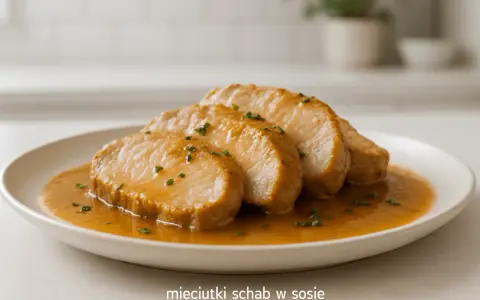 Cztery plastry mięciutkiego schabu w aromatycznym sosie, posypane szczypiorkiem, na białym talerzu.
