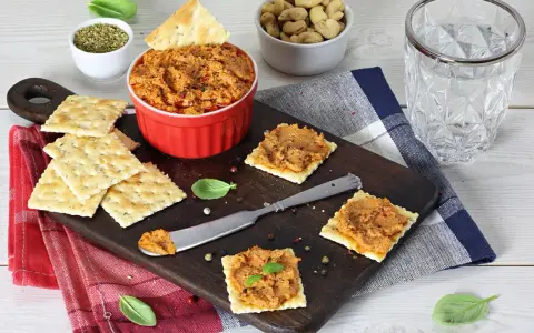 Pyszna pasta z suszonych pomidorów na krakersach, gotowa do degustacji. Obok miseczka z orzechami i szklanka wody.