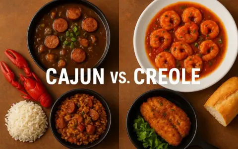 Cajun vs. Creole: miseczka gęstego gumbo z kiełbasą, krewetki w sosie, ryż i smażona ryba.