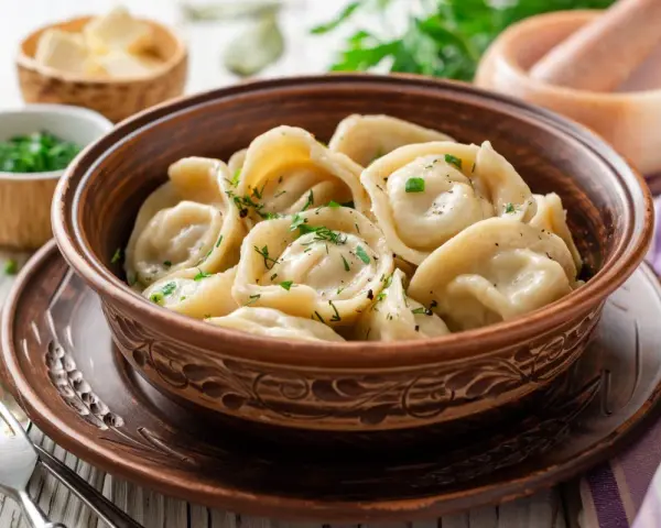 Pielmieni co to? Aromatyczne, gorące pierożki w glinianej misie, posypane zieloną natką. Obok miseczki z masłem i posiekanym szczypiorkiem.