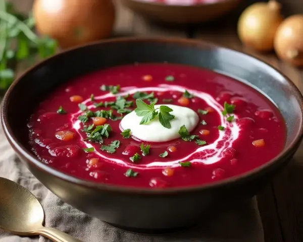 Aksamitna zupa buraczkowa z kleksem śmietany i posiekaną natką pietruszki, podana w misce na drewnianym stole.