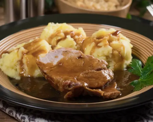 Karkówka w sosie własnym z purée ziemniaczanym, udekorowana natką pietruszki. Pyszny sos do karkówki idealnie komponuje się z ziemniakami.