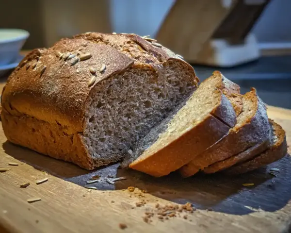 Pyszny, świeżo upieczony chleb żytni na drożdżach, posypany ziarnami słonecznika. To sprawdzony przepis na domowy wypiek.