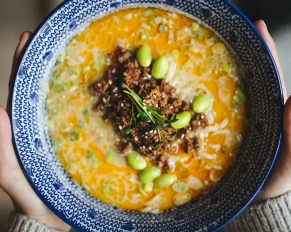 Miseczka tantanmen z mielonym mięsem, edamame i szczypiorkiem.