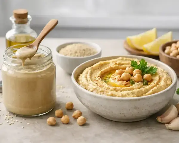 Pyszny hummus z ciecierzycy i tahini, podany z cytryną, czosnkiem i oliwą. Tahini co to? To pasta sezamowa, kluczowy składnik tej bliskowschodniej pasty.