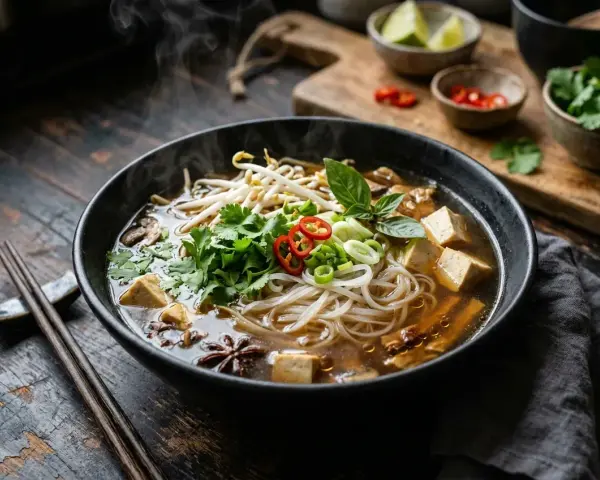 Parująca miska pho z tofu, kiełkami, kolendrą i chili. Aromatyczny bulion i makaron ryżowy zachęcają do spróbowania.