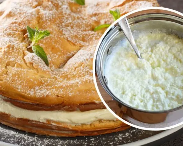 Jak uratować zwarzony krem z mascarpone? Na zdjęciu ciasto z kremem i garnek z masą, która może wymagać poprawy.