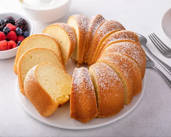 Pyszna babka piaskowa, przepis sprawdzony, posypana cukrem pudrem, obok miseczka z owocami leśnymi i widelce.
